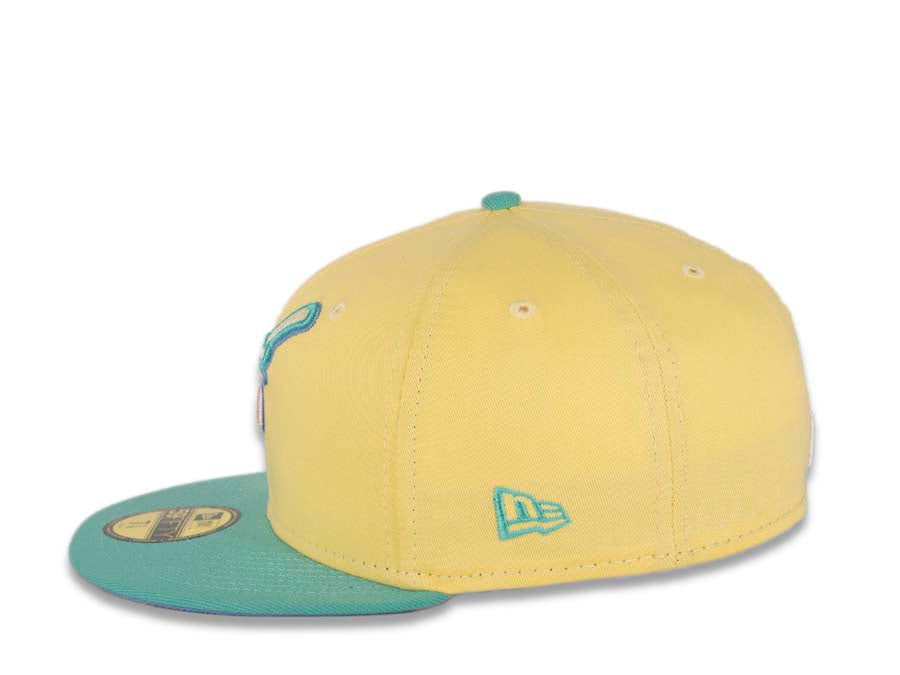 San Diego Padres New Era MLB 59FIFTY 5950 Fitted Cap Hat Soft Yellow Crown Clear Mint Visor Pink Swinging Friar Logo 40th Anniversary Side Patch