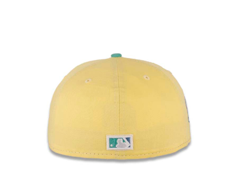 San Diego Padres New Era MLB 59FIFTY 5950 Fitted Cap Hat Soft Yellow Crown Clear Mint Visor Pink Swinging Friar Logo 40th Anniversary Side Patch