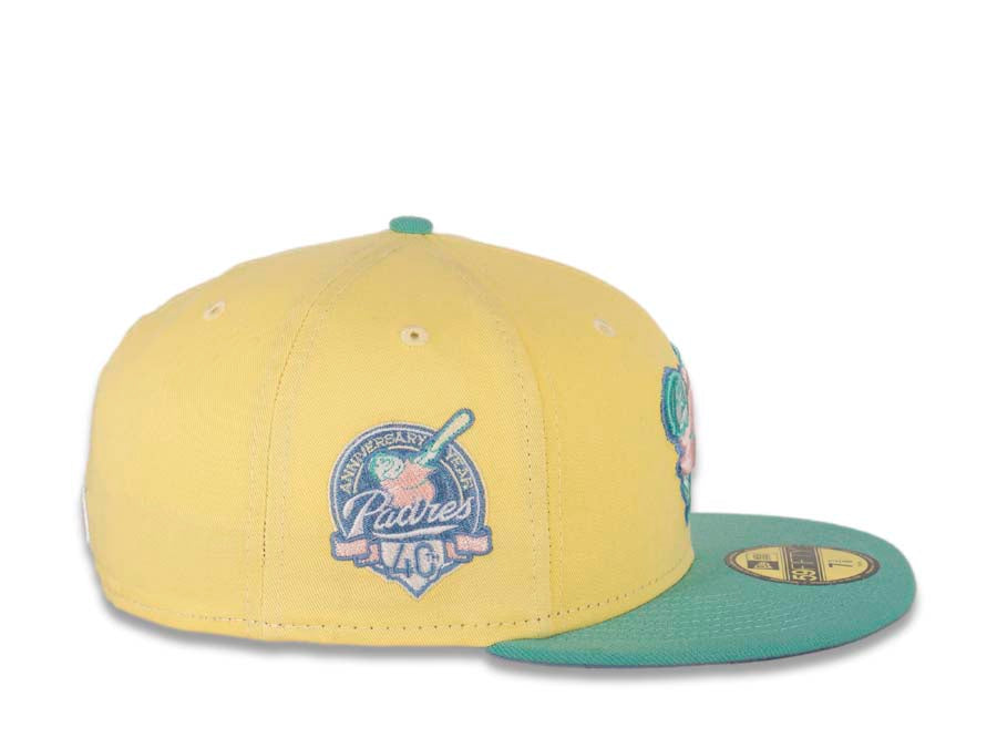 San Diego Padres New Era MLB 59FIFTY 5950 Fitted Cap Hat Soft Yellow Crown Clear Mint Visor Pink Swinging Friar Logo 40th Anniversary Side Patch
