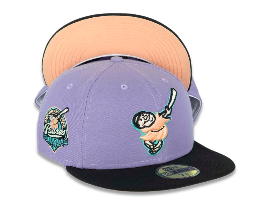 San Diego Padres New Era MLB 59FIFTY 5950 Fitted Cap Hat Purple Crown Black Visor Peach/Light Yellow “Swinging Friar” Logo 40th Anniversary Side Patch