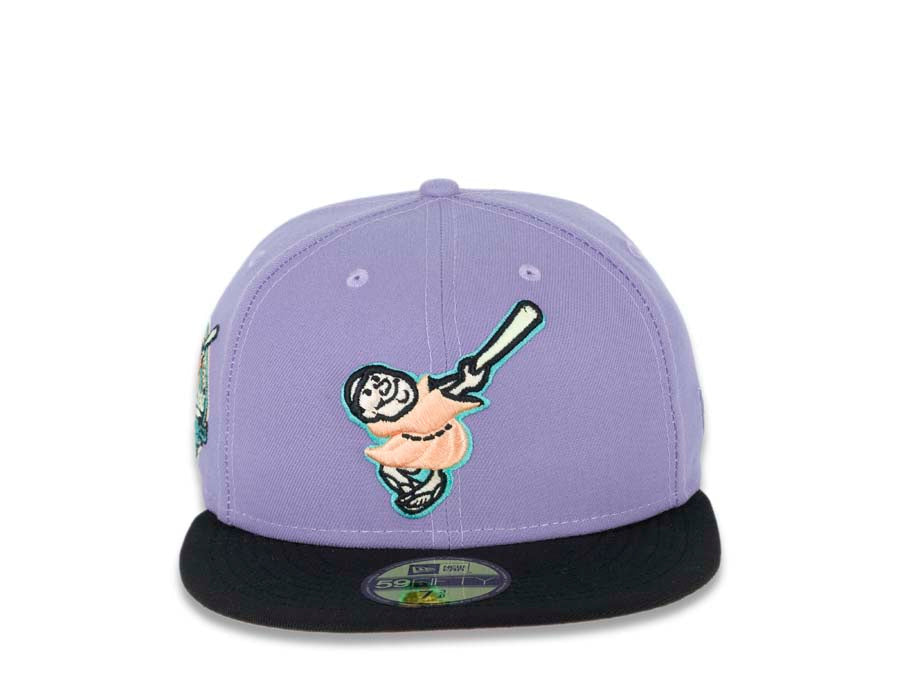 San Diego Padres New Era MLB 59FIFTY 5950 Fitted Cap Hat Purple Crown Black Visor Peach/Light Yellow “Swinging Friar” Logo 40th Anniversary Side Patch