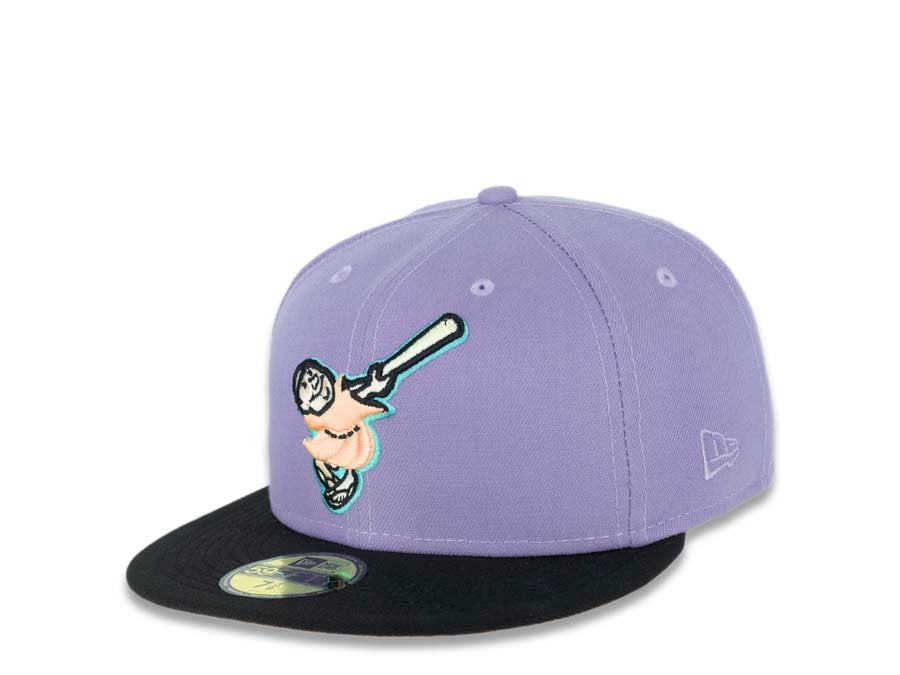 San Diego Padres New Era MLB 59FIFTY 5950 Fitted Cap Hat Purple Crown Black Visor Peach/Light Yellow “Swinging Friar” Logo 40th Anniversary Side Patch