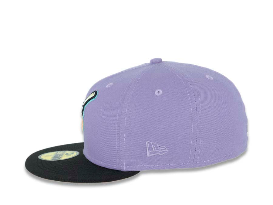 San Diego Padres New Era MLB 59FIFTY 5950 Fitted Cap Hat Purple Crown Black Visor Peach/Light Yellow “Swinging Friar” Logo 40th Anniversary Side Patch