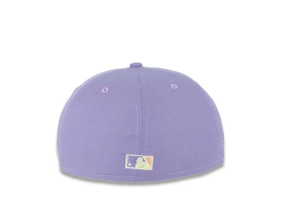 San Diego Padres New Era MLB 59FIFTY 5950 Fitted Cap Hat Purple Crown Black Visor Peach/Light Yellow “Swinging Friar” Logo 40th Anniversary Side Patch
