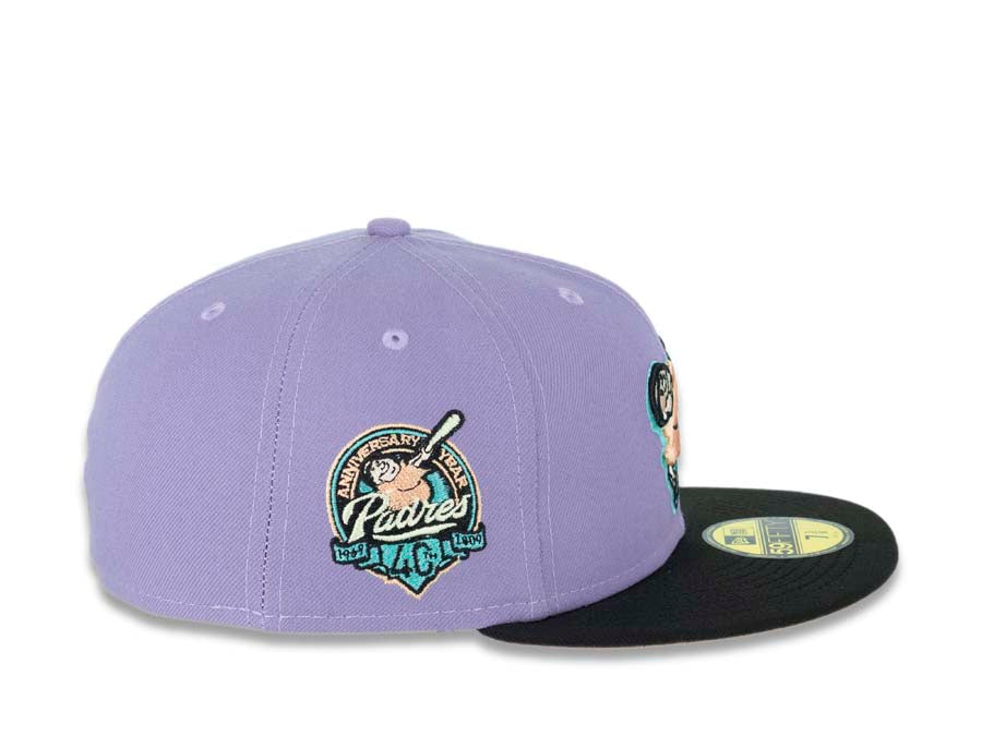 San Diego Padres New Era MLB 59FIFTY 5950 Fitted Cap Hat Purple Crown Black Visor Peach/Light Yellow “Swinging Friar” Logo 40th Anniversary Side Patch