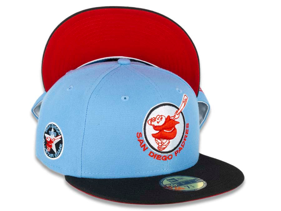 San Diego Padres New Era MLB 59FIFTY 5950 Fitted Cap Hat Sky Blue Crown Black Visor Red/White Swinging Friar Logo 1978 All-Star Game Side Patch