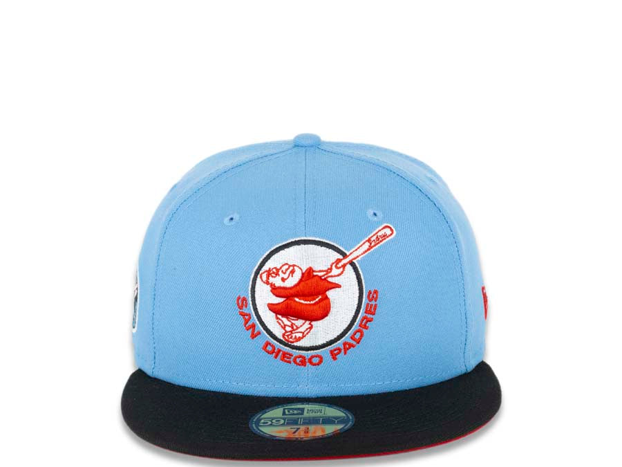 San Diego Padres New Era MLB 59FIFTY 5950 Fitted Cap Hat Sky Blue Crown Black Visor Red/White Swinging Friar Logo 1978 All-Star Game Side Patch