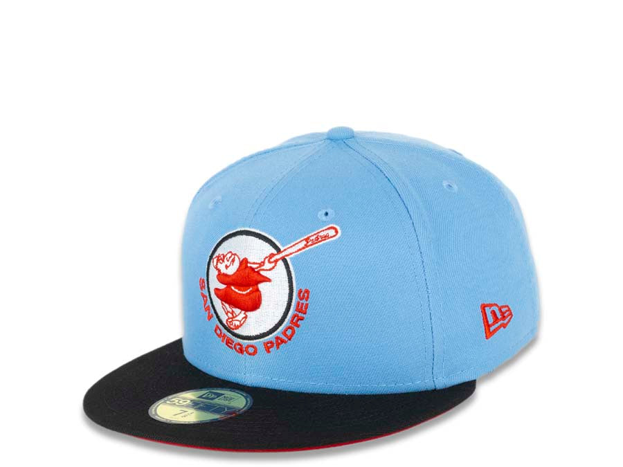 San Diego Padres New Era MLB 59FIFTY 5950 Fitted Cap Hat Sky Blue Crown Black Visor Red/White Swinging Friar Logo 1978 All-Star Game Side Patch