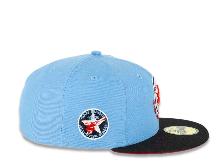 San Diego Padres New Era MLB 59FIFTY 5950 Fitted Cap Hat Sky Blue Crown Black Visor Red/White Swinging Friar Logo 1978 All-Star Game Side Patch