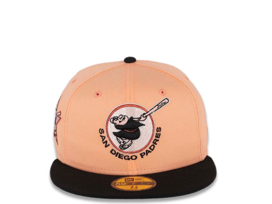 San Diego Padres New Era MLB 59FIFTY 5950 Fitted Cap Hat Peach Crown Black Visor Black/Peach Friar Logo 1978 All-Star Game Side Patch Pink UV