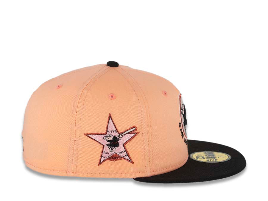 San Diego Padres New Era MLB 59FIFTY 5950 Fitted Cap Hat Peach Crown Black Visor Black/Peach Friar Logo 1978 All-Star Game Side Patch Pink UV