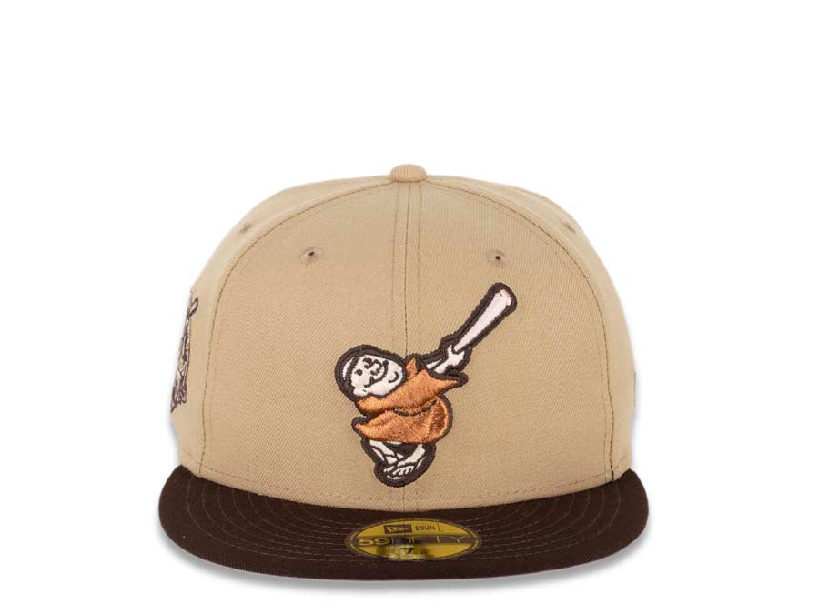 San Diego Padres New Era MLB 59FIFTY 5950 Fitted Cap Hat Light Tan Crown Dark Brown Visor Light Brown/Pink Swinging Friar Logo Pink UV