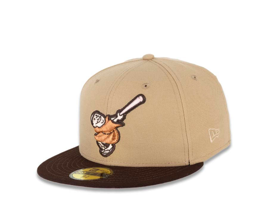 San Diego Padres New Era MLB 59FIFTY 5950 Fitted Cap Hat Light Tan Crown Dark Brown Visor Light Brown/Pink Swinging Friar Logo Pink UV