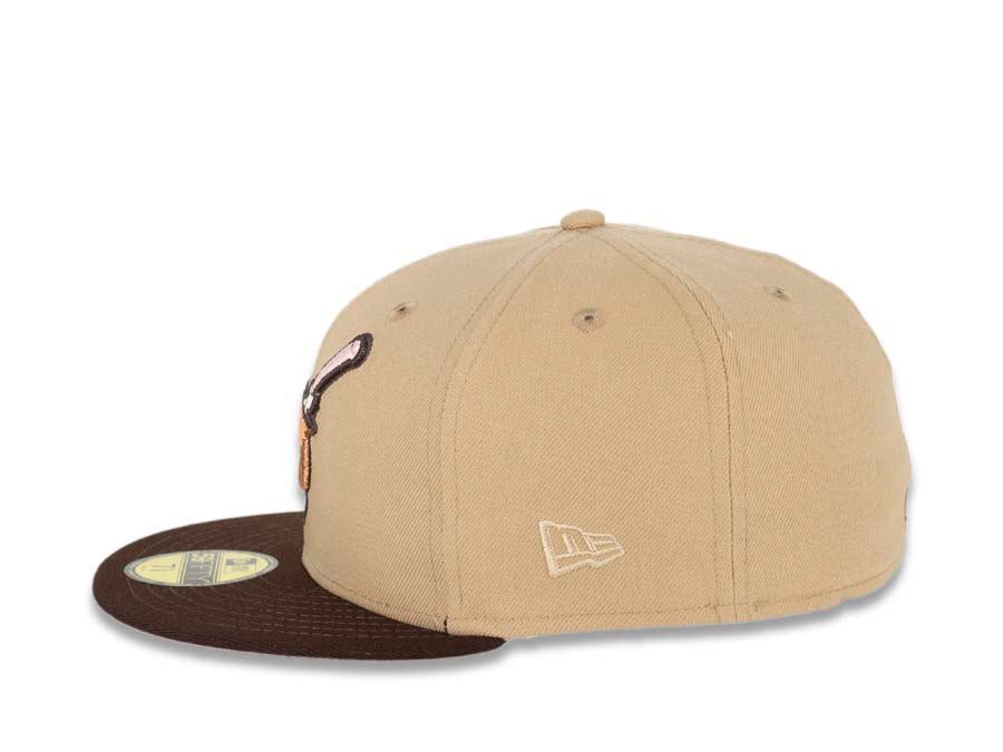 San Diego Padres New Era MLB 59FIFTY 5950 Fitted Cap Hat Light Tan Crown Dark Brown Visor Light Brown/Pink Swinging Friar Logo Pink UV
