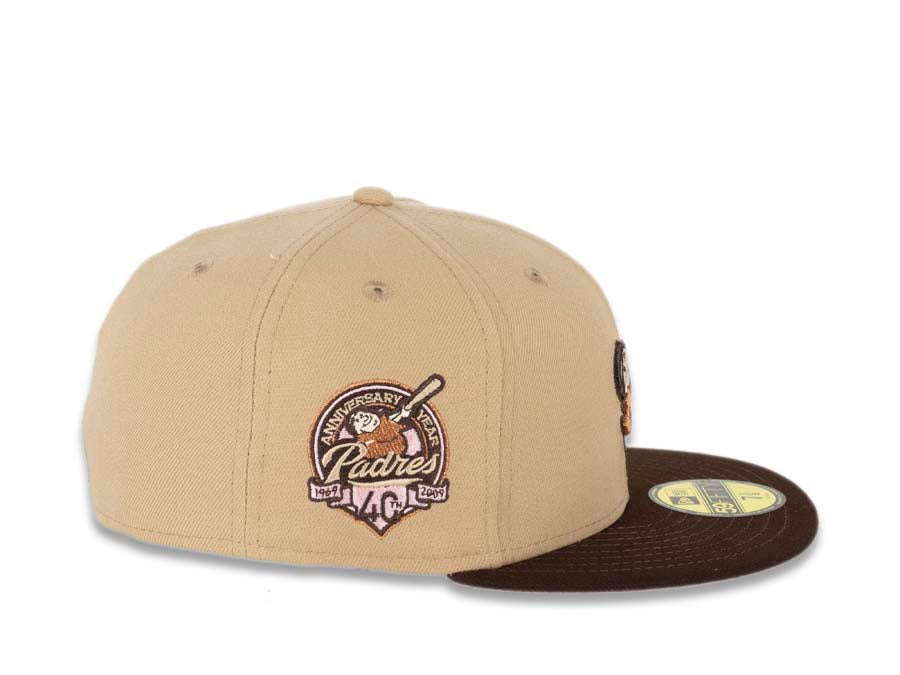 San Diego Padres New Era MLB 59FIFTY 5950 Fitted Cap Hat Light Tan Crown Dark Brown Visor Light Brown/Pink Swinging Friar Logo Pink UV