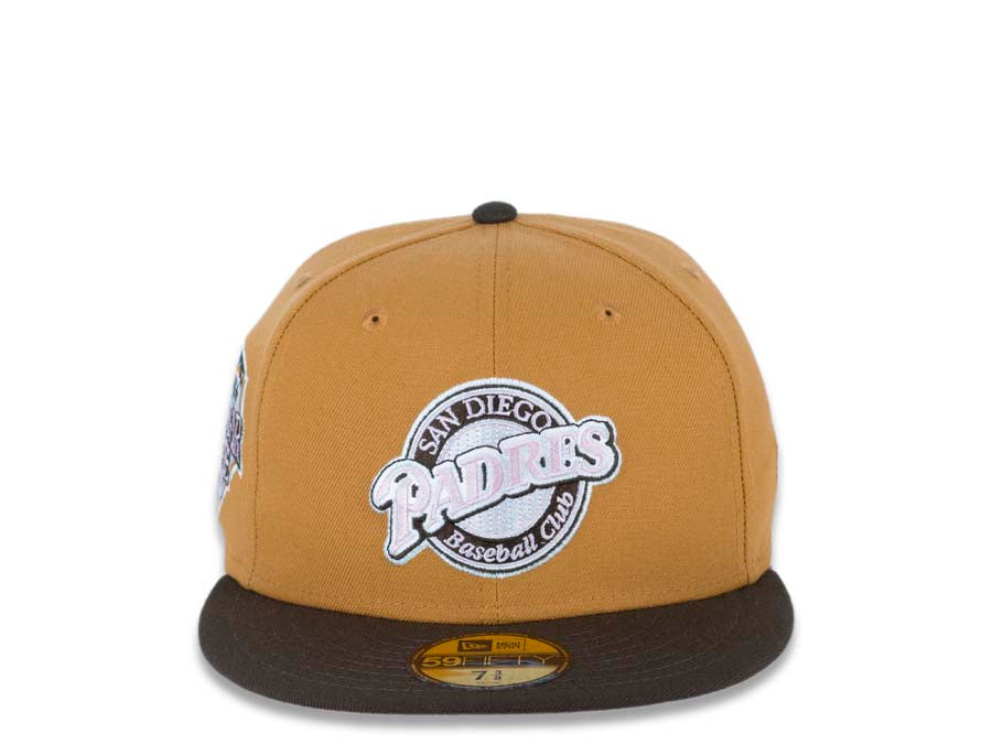 San Diego Padres New Era MLB 59FIFTY 5950 Fitted Cap Hat Tan Crown Brown Visor Pink/Brown/White Baseball Club Retro Logo All-Star Game 1992 Side Patch
