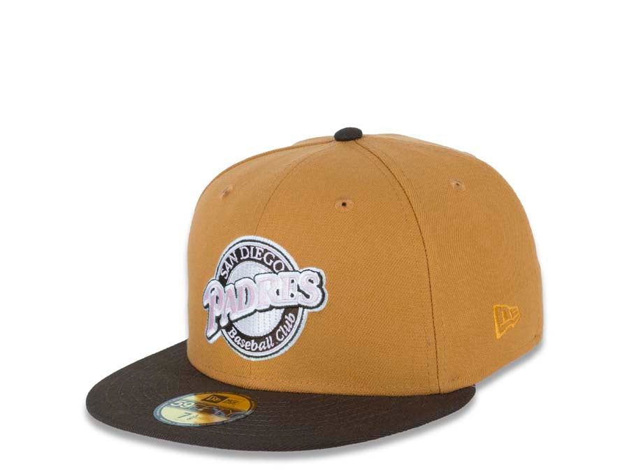 San Diego Padres New Era MLB 59FIFTY 5950 Fitted Cap Hat Tan Crown Brown Visor Pink/Brown/White Baseball Club Retro Logo All-Star Game 1992 Side Patch