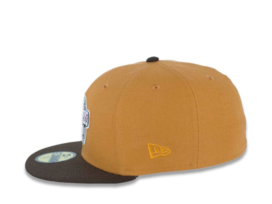 San Diego Padres New Era MLB 59FIFTY 5950 Fitted Cap Hat Tan Crown Brown Visor Pink/Brown/White Baseball Club Retro Logo All-Star Game 1992 Side Patch