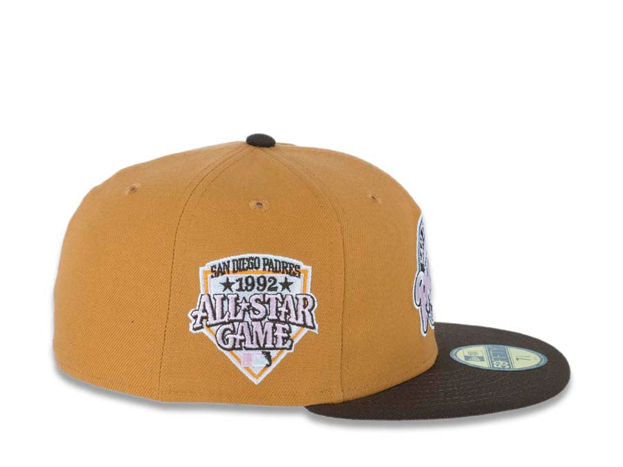 San Diego Padres New Era MLB 59FIFTY 5950 Fitted Cap Hat Tan Crown Brown Visor Pink/Brown/White Baseball Club Retro Logo All-Star Game 1992 Side Patch
