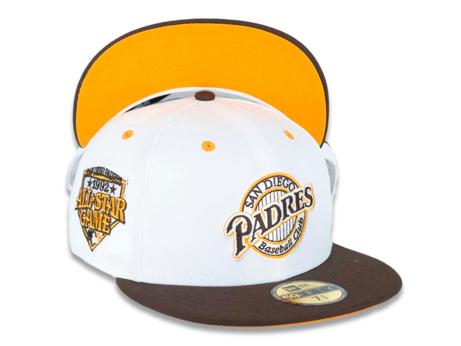 San Diego Padres New Era MLB 59FIFTY 5950 Fitted Cap Hat White Crown Brown Visor Brown/Yellow Baseball Club Retro Logo 1992 All-Star Game Side Patch