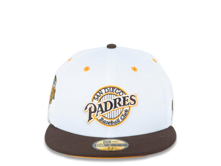 San Diego Padres New Era MLB 59FIFTY 5950 Fitted Cap Hat White Crown Brown Visor Brown/Yellow Baseball Club Retro Logo 1992 All-Star Game Side Patch