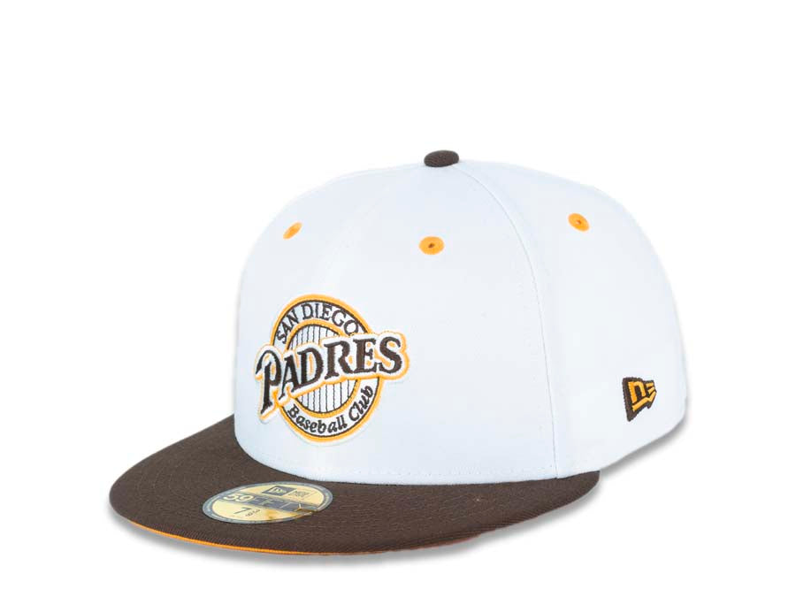 San Diego Padres New Era MLB 59FIFTY 5950 Fitted Cap Hat White Crown Brown Visor Brown/Yellow Baseball Club Retro Logo 1992 All-Star Game Side Patch