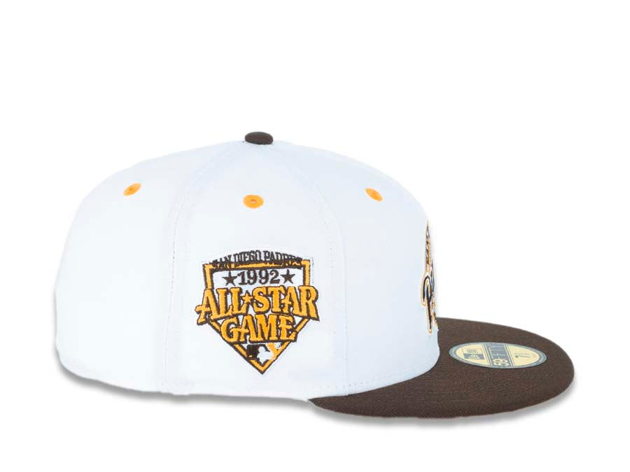 San Diego Padres New Era MLB 59FIFTY 5950 Fitted Cap Hat White Crown Brown Visor Brown/Yellow Baseball Club Retro Logo 1992 All-Star Game Side Patch