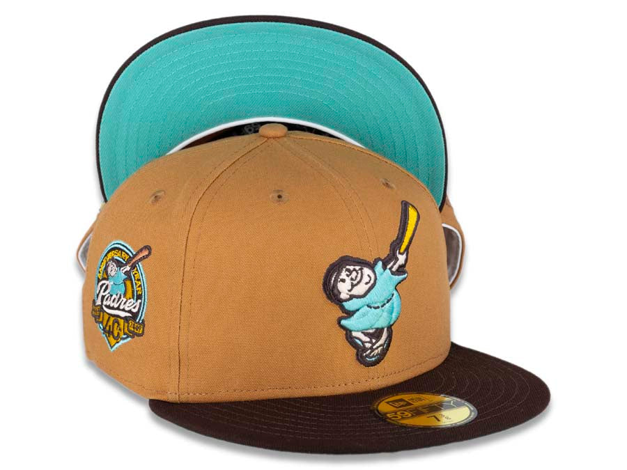 San Diego Padres New Era MLB 59FIFTY 5950 Fitted Cap Hat Light Bronze Crown Dark Brown Visor Sea Glass Blue/Temple Gold "Friar" Logo 40th Anniversary Sea Glass Blue UV