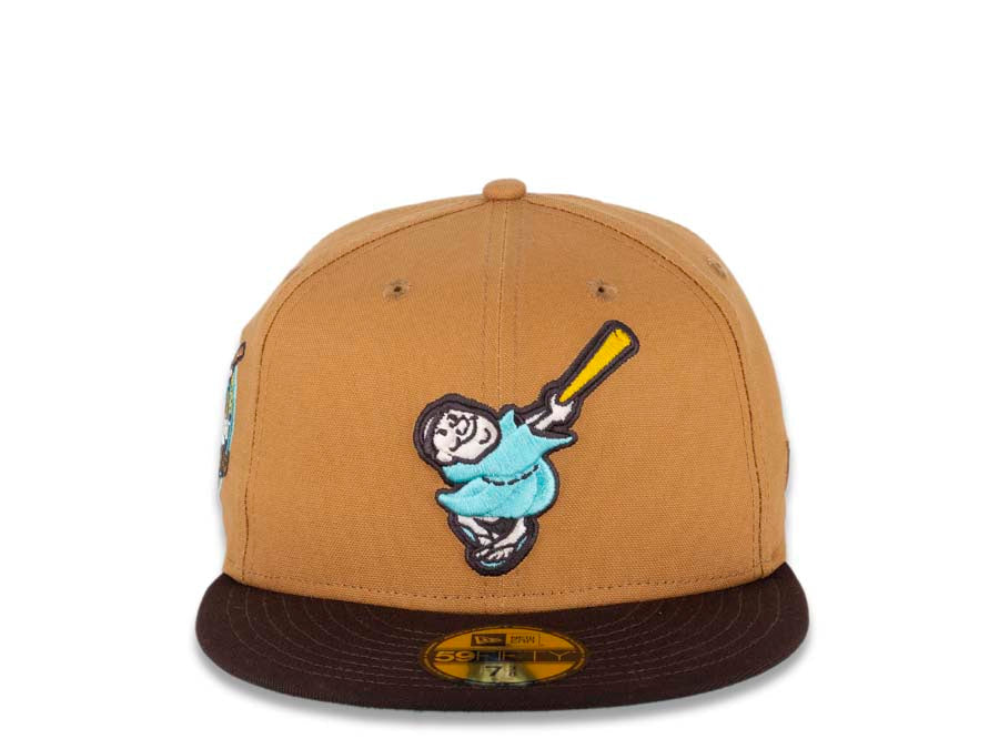 San Diego Padres New Era MLB 59FIFTY 5950 Fitted Cap Hat Light Bronze Crown Dark Brown Visor Sea Glass Blue/Temple Gold "Friar" Logo 40th Anniversary Sea Glass Blue UV