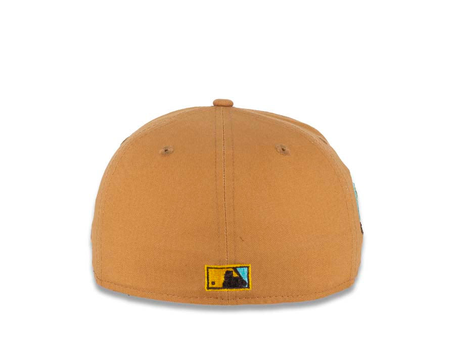 San Diego Padres New Era MLB 59FIFTY 5950 Fitted Cap Hat Light Bronze Crown Dark Brown Visor Sea Glass Blue/Temple Gold "Friar" Logo 40th Anniversary Sea Glass Blue UV