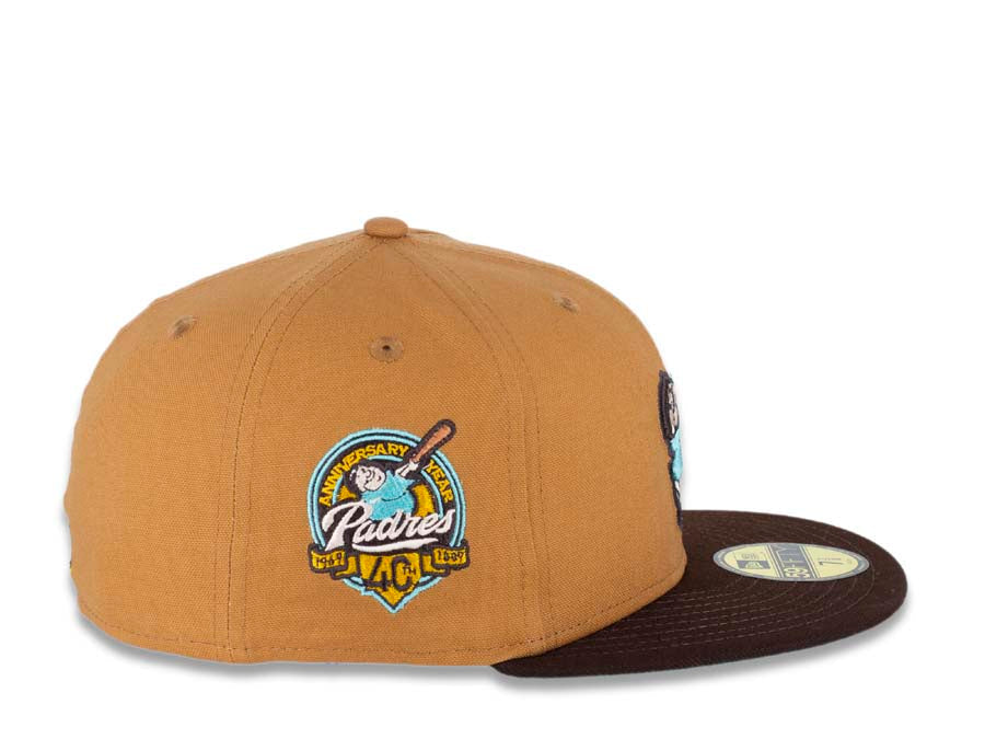 San Diego Padres New Era MLB 59FIFTY 5950 Fitted Cap Hat Light Bronze Crown Dark Brown Visor Sea Glass Blue/Temple Gold "Friar" Logo 40th Anniversary Sea Glass Blue UV