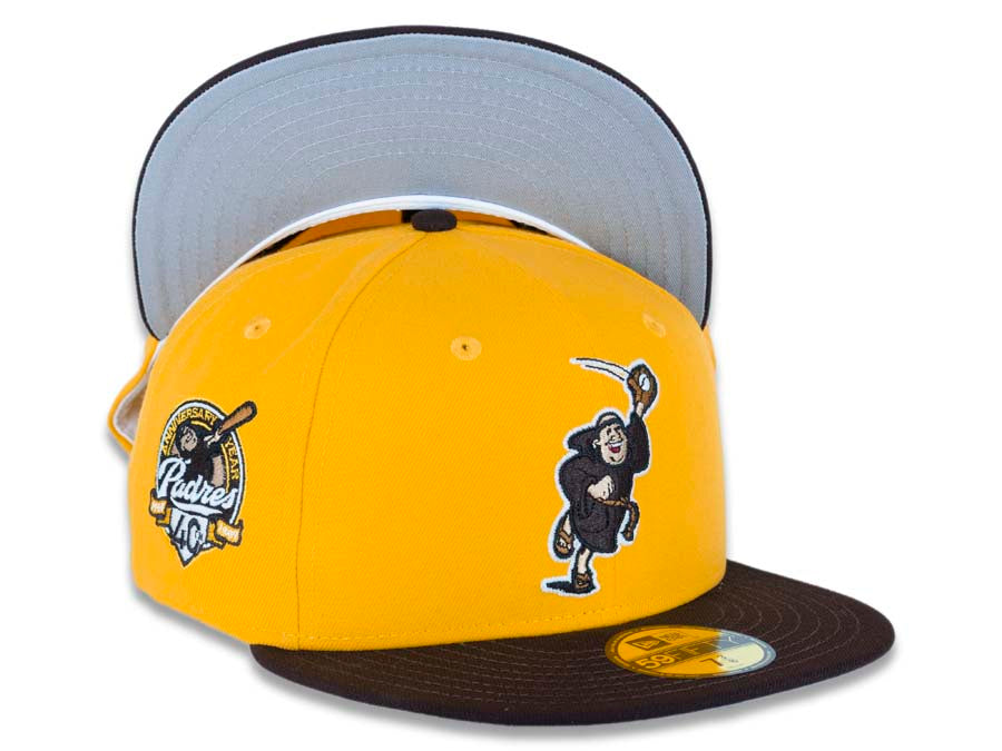 San Diego Padres New Era MLB 59FIFTY 5950 Fitted Cap Hat Yellow Crown Dark Brown Visor Dark Brown Catching Friar Logo 40th Anniversary Side Patch