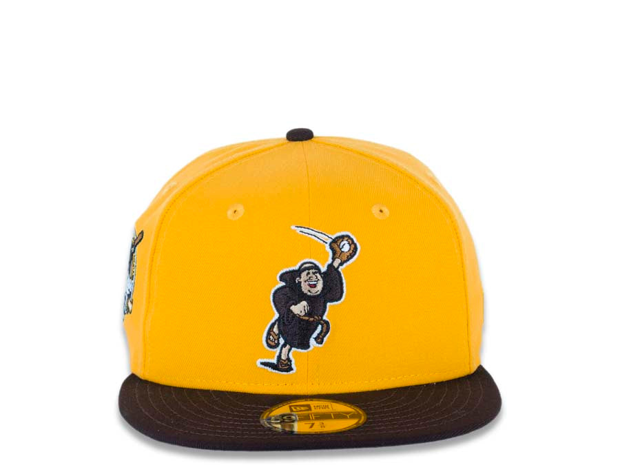 San Diego Padres New Era MLB 59FIFTY 5950 Fitted Cap Hat Yellow Crown Dark Brown Visor Dark Brown Catching Friar Logo 40th Anniversary Side Patch