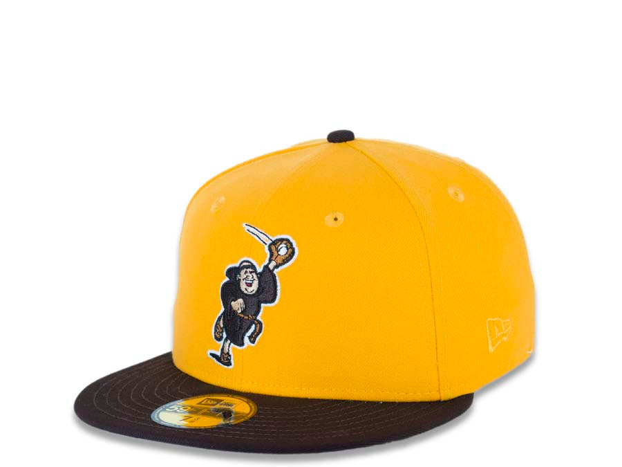 San Diego Padres New Era MLB 59FIFTY 5950 Fitted Cap Hat Yellow Crown Dark Brown Visor Dark Brown Catching Friar Logo 40th Anniversary Side Patch