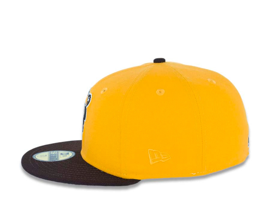 San Diego Padres New Era MLB 59FIFTY 5950 Fitted Cap Hat Yellow Crown Dark Brown Visor Dark Brown Catching Friar Logo 40th Anniversary Side Patch