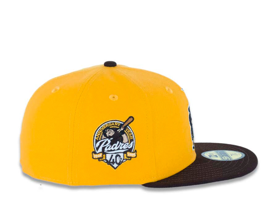 San Diego Padres New Era MLB 59FIFTY 5950 Fitted Cap Hat Yellow Crown Dark Brown Visor Dark Brown Catching Friar Logo 40th Anniversary Side Patch