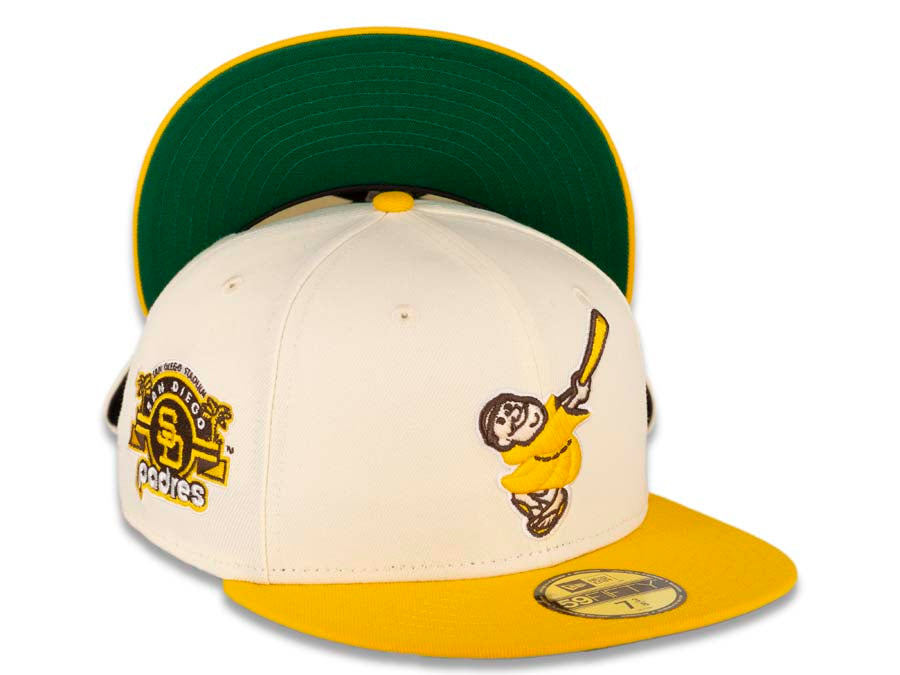 San Diego Padres New Era MLB 59FIFTY 5950 Fitted Cap Hat Cream Crown Temple Gold Visor Yellow/Brown "Friar" Logo Stadium Side Patch Green UV