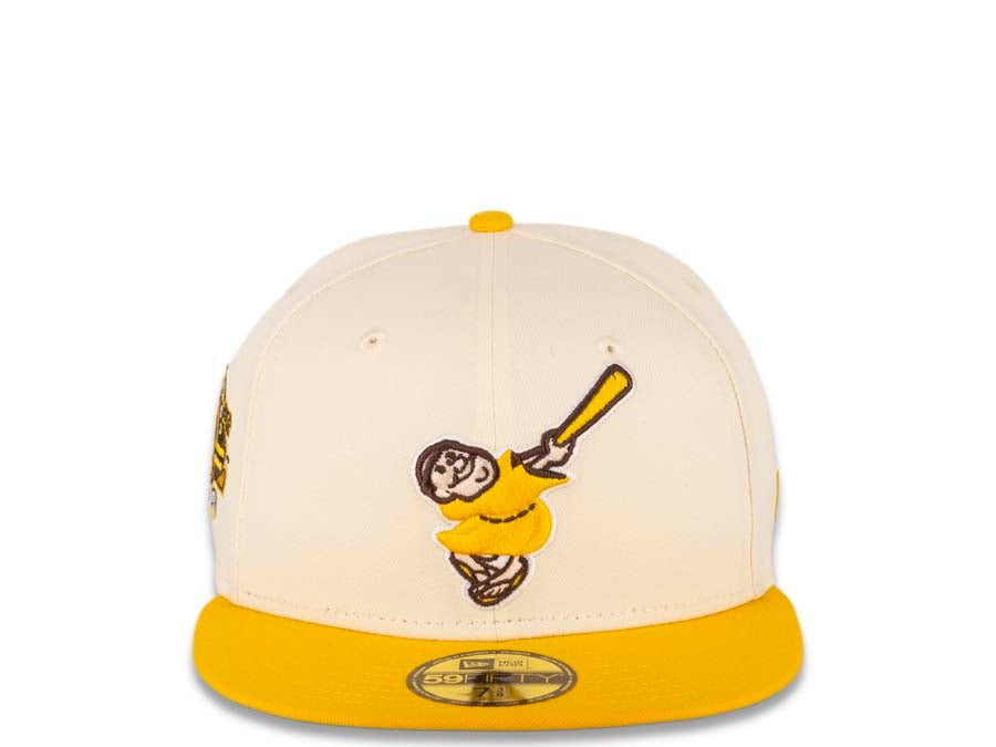 San Diego Padres New Era MLB 59FIFTY 5950 Fitted Cap Hat Cream Crown Temple Gold Visor Yellow/Brown "Friar" Logo Stadium Side Patch Green UV