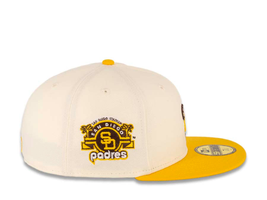 San Diego Padres New Era MLB 59FIFTY 5950 Fitted Cap Hat Cream Crown Temple Gold Visor Yellow/Brown "Friar" Logo Stadium Side Patch Green UV