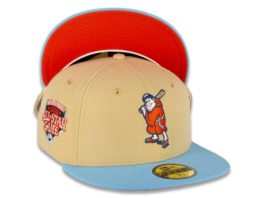 San Diego Padres New Era MLB 59FIFTY 5950 Fitted Cap Hat Vegas Gold Crown Sky Blue Visor Orange/Metallic Gold “Batting Friar” Retro Logo