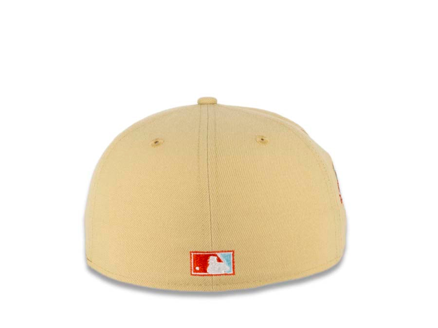 San Diego Padres New Era MLB 59FIFTY 5950 Fitted Cap Hat Vegas Gold Crown Sky Blue Visor Orange/Metallic Gold “Batting Friar” Retro Logo