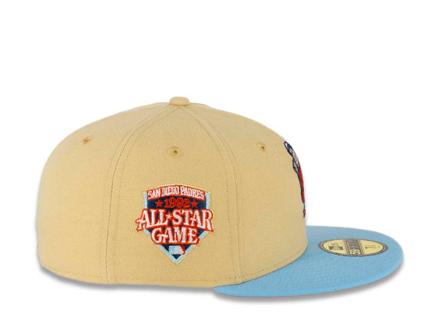 San Diego Padres New Era MLB 59FIFTY 5950 Fitted Cap Hat Vegas Gold Crown Sky Blue Visor Orange/Metallic Gold “Batting Friar” Retro Logo