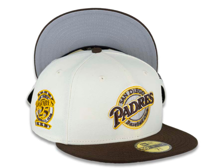 San Diego Padres New Era MLB 59FIFTY 5950 Fitted Cap Hat Cream Crown Brown Visor Brown/Yellow Baseball Club Cooperstown Retro Logo Gray UV
