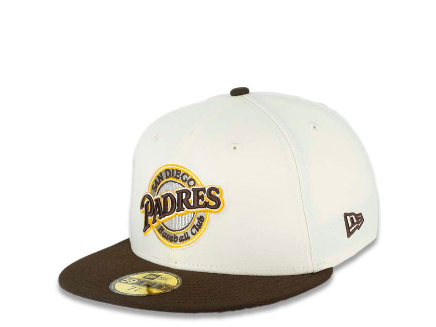 San Diego Padres New Era MLB 59FIFTY 5950 Fitted Cap Hat Cream Crown Brown Visor Brown/Yellow Baseball Club Cooperstown Retro Logo Gray UV