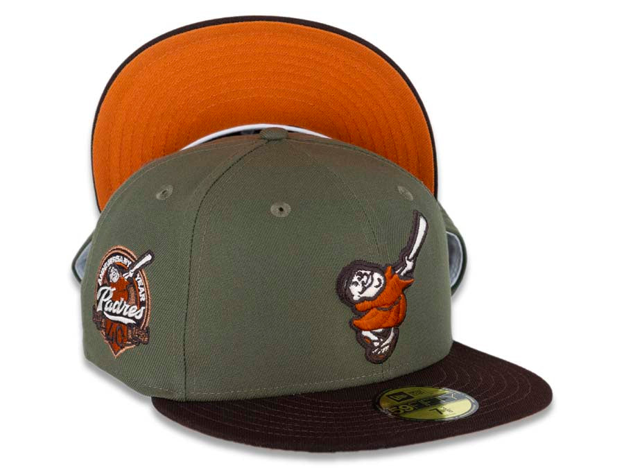 San Diego Padres New Era MLB 59FIFTY 5950 Fitted Cap Hat Olive Green Crown Dark Brown Visor Orange/Dark Brown Swinging Friar Logo Orange UV