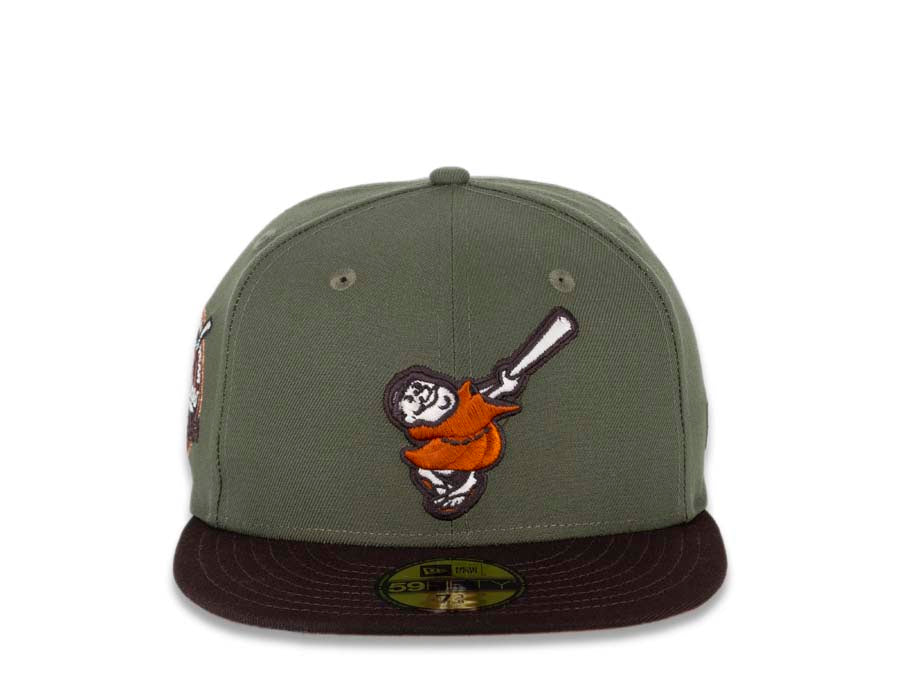 San Diego Padres New Era MLB 59FIFTY 5950 Fitted Cap Hat Olive Green Crown Dark Brown Visor Orange/Dark Brown Swinging Friar Logo Orange UV