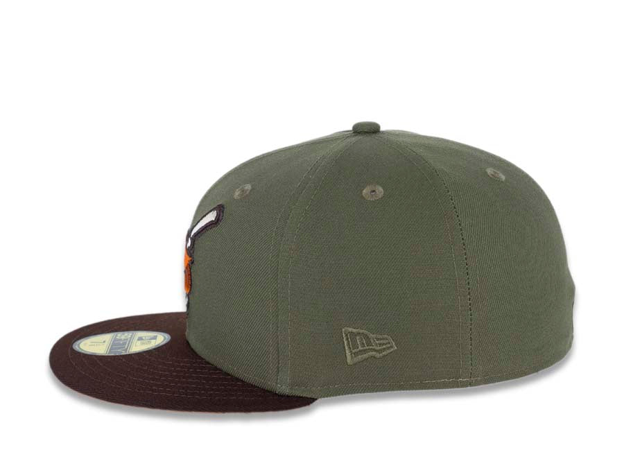 San Diego Padres New Era MLB 59FIFTY 5950 Fitted Cap Hat Olive Green Crown Dark Brown Visor Orange/Dark Brown Swinging Friar Logo Orange UV