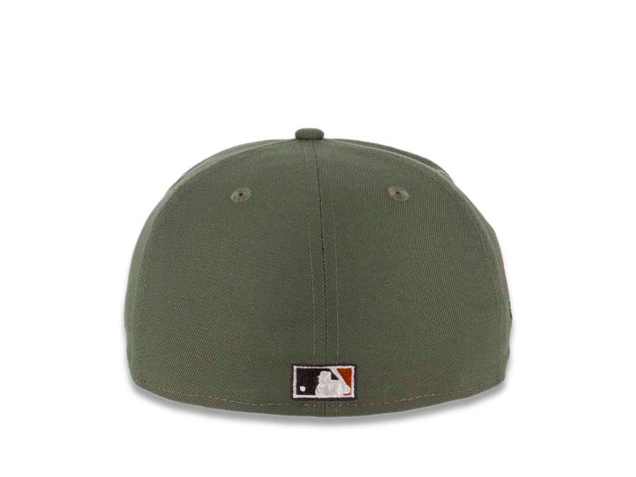 San Diego Padres New Era MLB 59FIFTY 5950 Fitted Cap Hat Olive Green Crown Dark Brown Visor Orange/Dark Brown Swinging Friar Logo Orange UV