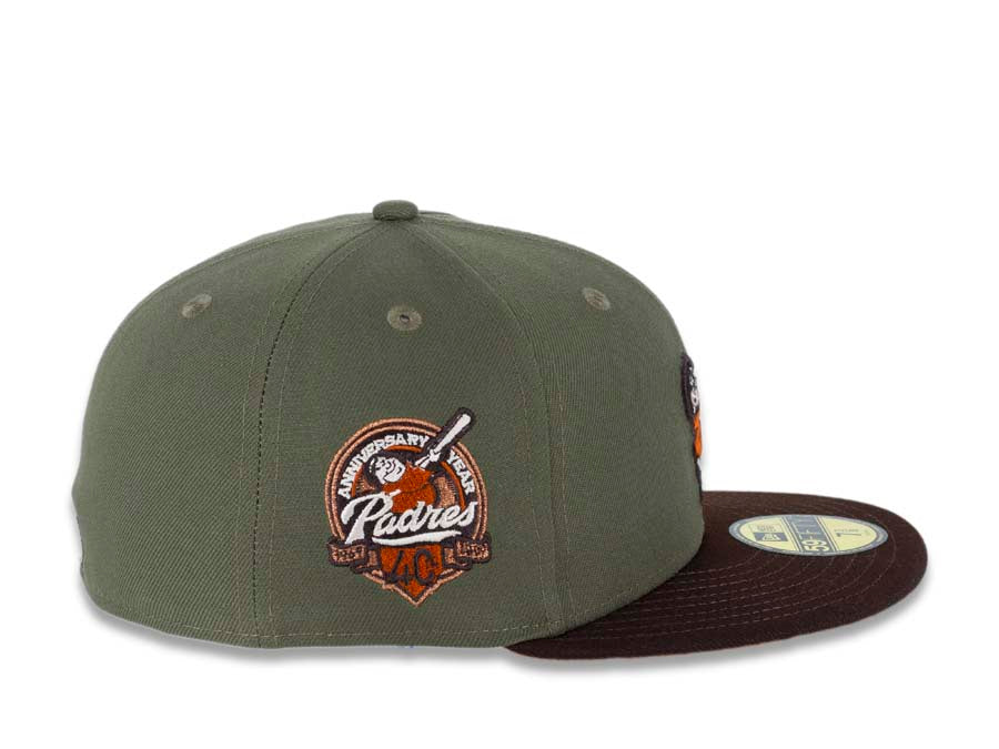 San Diego Padres New Era MLB 59FIFTY 5950 Fitted Cap Hat Olive Green Crown Dark Brown Visor Orange/Dark Brown Swinging Friar Logo Orange UV