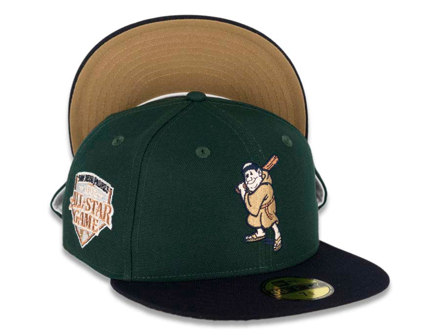 San Diego Padres New Era MLB 59FIFTY 5950 Fitted Cap Hat Dark Green Crown Dark Navy Visor Metallic Copper/Tawny "Batting Friar" Cooperstown Retro Logo 1992 All-Star Game Side Patch Tawny UV